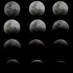 A detailed sequence of the moon's phases showing gradual changes over time. Une séquence détaillée des phases de la lune montrant des changements graduels au fil du temps.