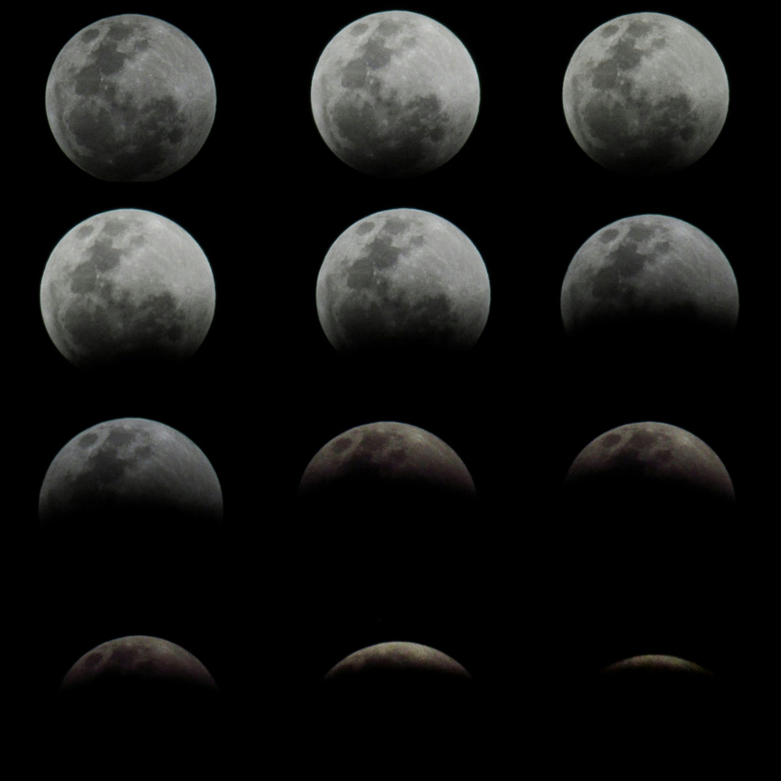 A detailed sequence of the moon's phases showing gradual changes over time. Une séquence détaillée des phases de la lune montrant des changements graduels au fil du temps.