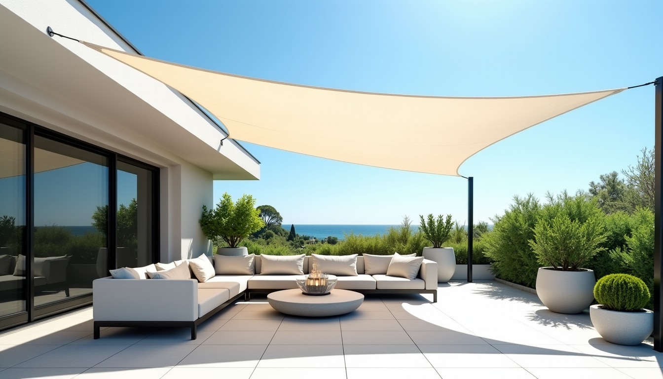 Illustration : entretien facile à nettoyer facile à nettoyer — voile d'ombrage triangulaire pour la terrasse
