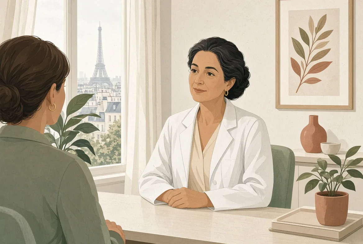 Chirurgienne en consultation, à l'écoute d'une patiente dans un cabinet lumineux