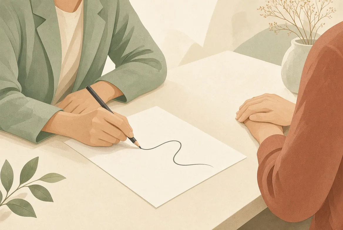 Mains d'une chirurgienne dessinant un schéma pour expliquer une intervention à une patiente