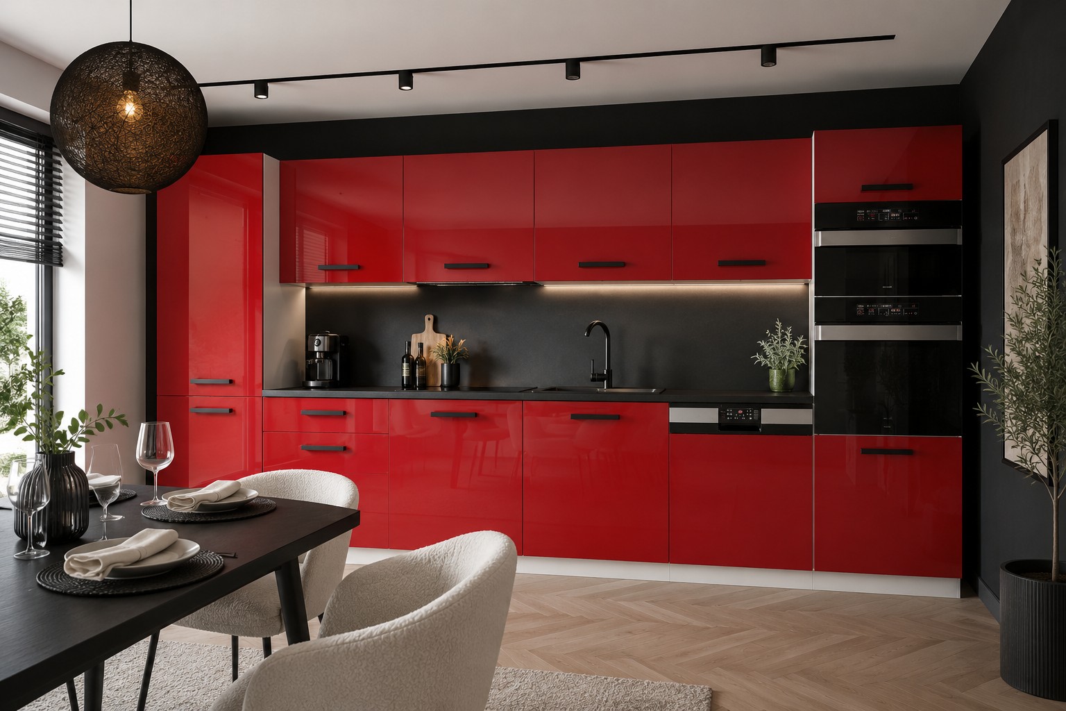 Cuisine avec meubles rouges Belini
