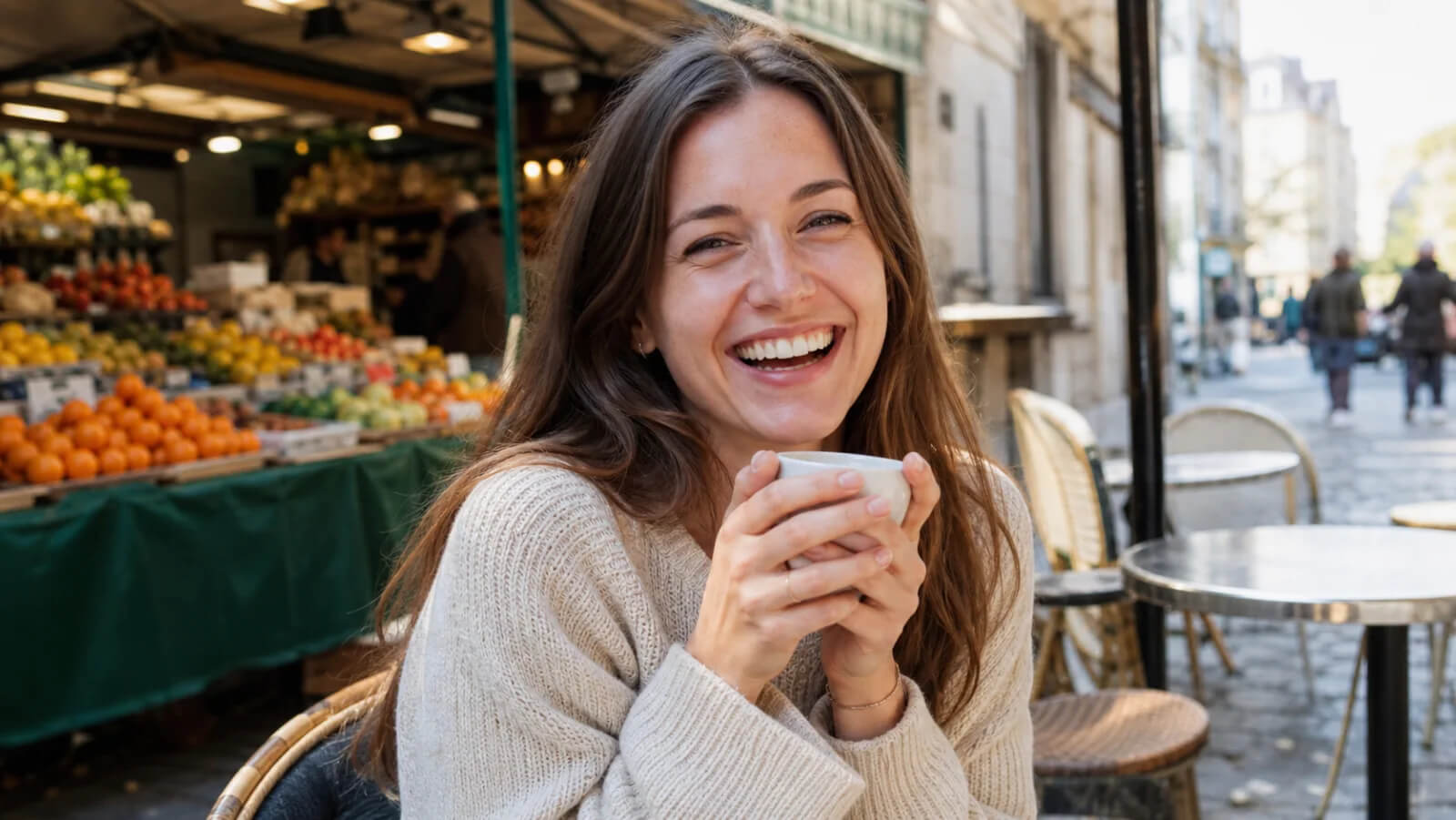 Jeune femme brune qui rit avec une tasse de café à la terrasse d'un marché
